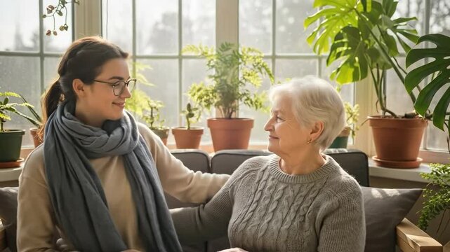 Young woman hugging elderly mother in sunlit garden room intergenerational caregiving and support