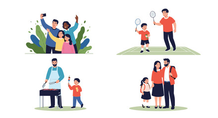 Fototapeta premium Diverse family scenes showing parents and children taking a selfie together, playing sports, enjoying a barbecue, and walking to school.