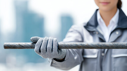 A confident female worker in safety gear holds a steel rod, symbolizing strength and determination in the construction industry.