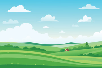 Fototapeta premium Green Rolling Hills with House and CloudsStock Illustration