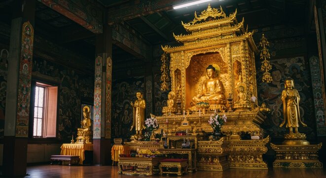 豪華な金色の仏像と仏教寺院の内部