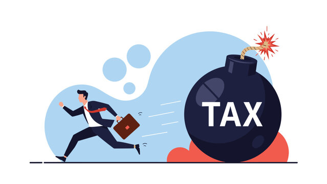 Panicked businessman carrying a briefcase runs away from a giant black tax bomb with a burning fuse and white text label.