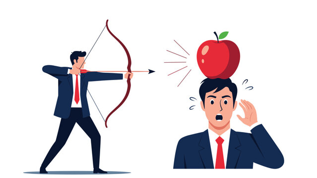 Businessman archer aims an arrow at a red apple placed on top of a nervous colleague's head to demonstrate risk and trust.