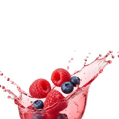Fresh red raspberries and blueberries falling into a splash of berry juice isolated