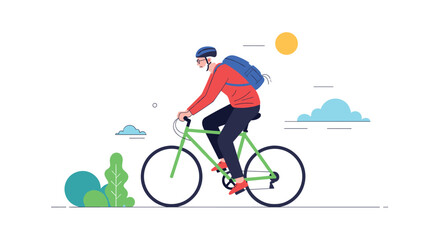Naklejka premium Active man wearing a helmet and backpack cycling on a green bike along a path during a bright sunny day for exercise.