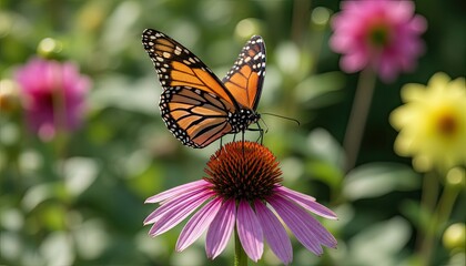 Obraz premium A monarch butterfly perched on a vibrant purple coneflower, surrounded by a lush garden of pink and yellow flowers, with a serene backdrop of trees and a clear blue sky.