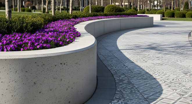 Curved Concrete Planter with Purple Flowers in Urban Park
