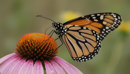 Obraz premium A monarch butterfly perched on a pink coneflower, surrounded by a lush green backdrop.