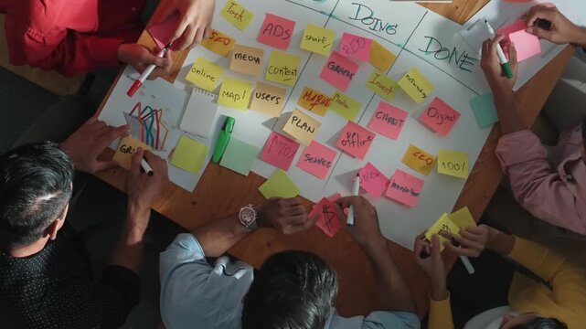 Top view of people writing and making scrum task board while writing marketing and planning strategy at colorful sticky notes. Smart team manage work performance by using kanaban board. Convocation.