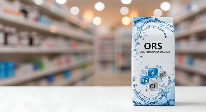 A pack of oral rehydration salts on a pharmacy table.
