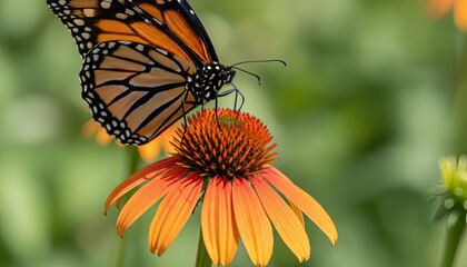 Obraz premium A monarch butterfly is perched on an orange flower, its wings spread wide as it feeds on the nectar.