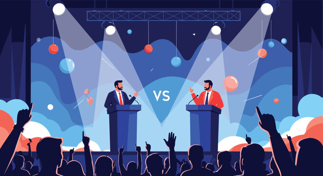 Professional political debate on a large stage featuring two candidates behind podiums speaking to a cheering crowd under spotlights.