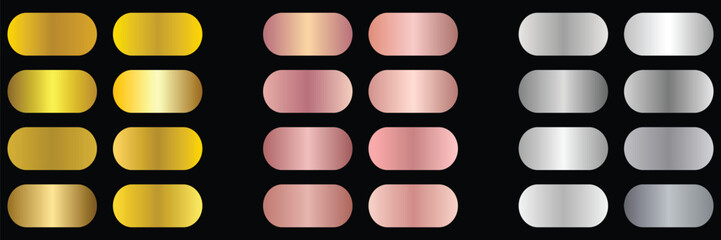 Fototapeta premium Luxury Gold Rose Gold Silver Gradient Rounded Buttons Set on Black Background.