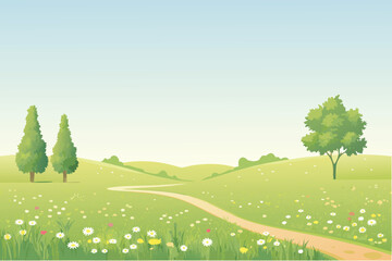 Naklejka premium Peaceful Summer Meadow with Winding Path and Trees Under Clear Sky Stock Illustration