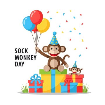 Celebration illustration for Sock Monkey Day with monkeys and gifts