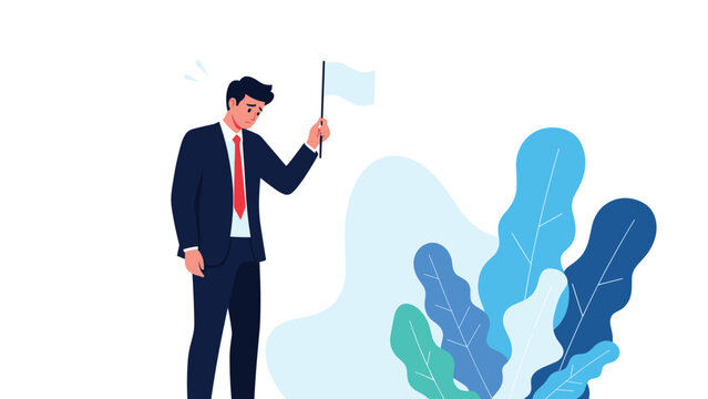 Defeated businessman in a dark suit looking down while holding a small white flag of surrender in his hand after a failure.