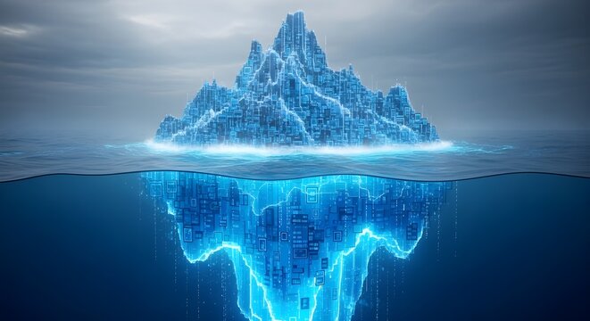 Iceberg made of computer circuits submerged underwater showing data structures and secret hidden information systems.
