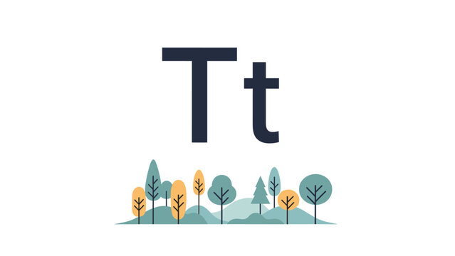 Large capital letter T and lowercase t standing above a scenic landscape of stylized colorful trees and rolling hills.