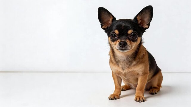 Adorable black and tan Chihuahua sitting attentively on white background, studio portrait with large ears and expressive eyes &mdash; perfect for pet, lifestyle, or advertising use