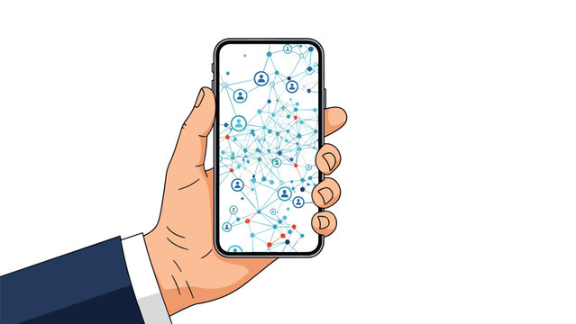 Hand in a business suit holding a modern smartphone displaying a complex social network graph with user icons.