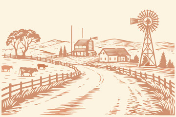 Naklejka premium Rustic Farm Landscape with Windmill Barn and Cows Vintage Sketch Style