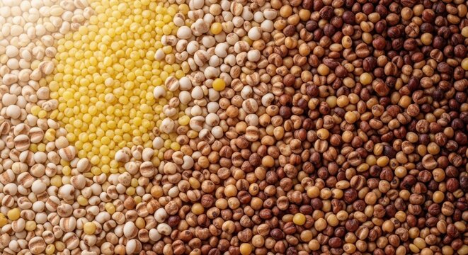Abundant collection of various healthy raw millet grains scattered and tightly packed together, forming a uniform, textured, nutritional background, harvest, ancient grain, raw