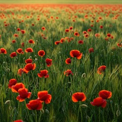 Obraz premium Captivating view of vibrant red poppies blossoming profusely throughout a vast green meadow, beautifully bathed in bright summer sunlight, peaceful, ecology, serene