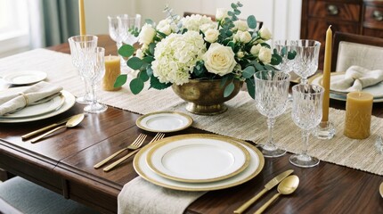 Fototapeta premium A beautifully set table with white plates, gold cutlery, and a centerpiece of white flowers in a gold vase.