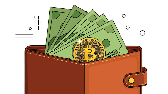 Leather wallet filled with stacks of green paper currency and a golden bitcoin coin representing cryptocurrency wealth.
