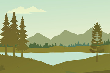 Fototapeta premium Serene Mountain Lake Landscape with Evergreen Trees and Distant Peaks Flat Design