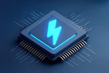 Microchip with Illuminated Lightning Bolt Icon on Dark Blue Background Illustrating Technology and Energy Concepts in a Futuristic Design