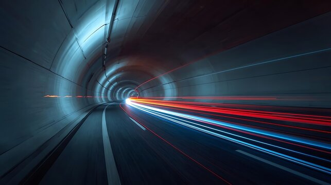 Illuminated tunnel with streaks of light creating a sense of speed and motion in the darkness