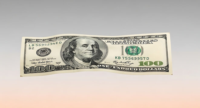 A pristine US hundred-dollar bill, Benjamin Franklin visible, slightly warped and stretched as if pulled thin