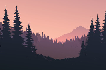Silhouette Pine Forest Against Pink Mountain Sunset Sky Minimalist Landscape © MAYENUDDIN