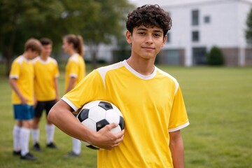 Fototapeta premium Confident Teenage Soccer Player Holding Football on School Field with Team in Background