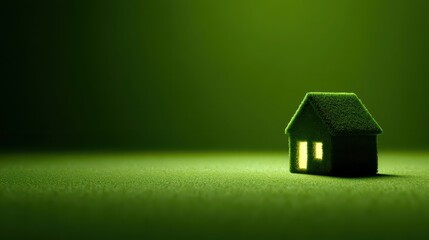 Small Illuminated House Covered in Moss on Green Background Under Soft Lighting Concept
