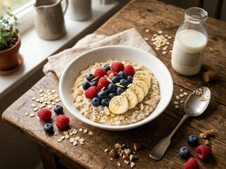 Healthy breakfast oatmeal bowl with banana, blueberries and almonds