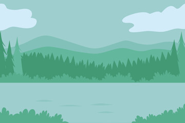 Fototapeta premium Stylized Mountain Landscape with Lake and Forest Calm Water Blue Sky Stock Illustration