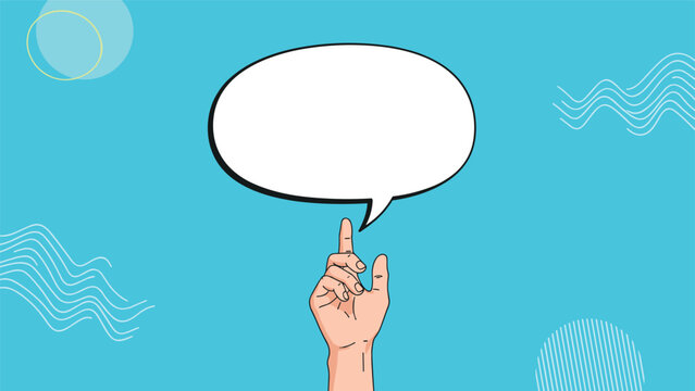 Human hand pointing upwards toward a large empty speech bubble for text over a blue background with abstract lines.