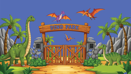 Vector illustration of a cartoon dino park entrance with a wooden gate, palm trees, mountains, and various cute dinosaurs flying. © Creative Mind