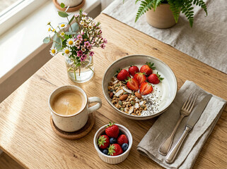 Healthy breakfast yogurt bowl with granola, strawberries and coffee on wooden table
