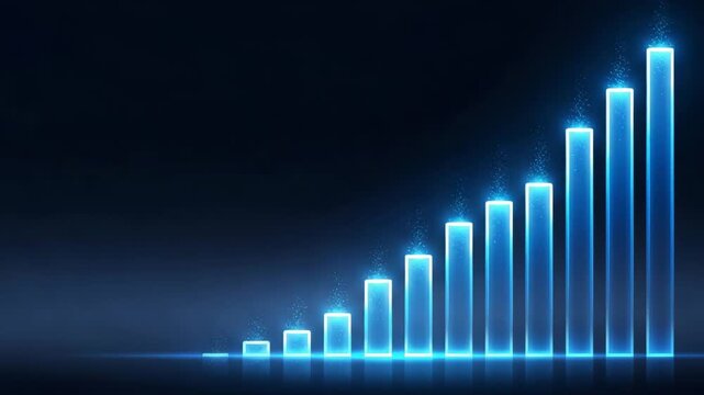 Bar chart illustrating positive economic growth and professional market analysis with glowing blue columns on dark background.