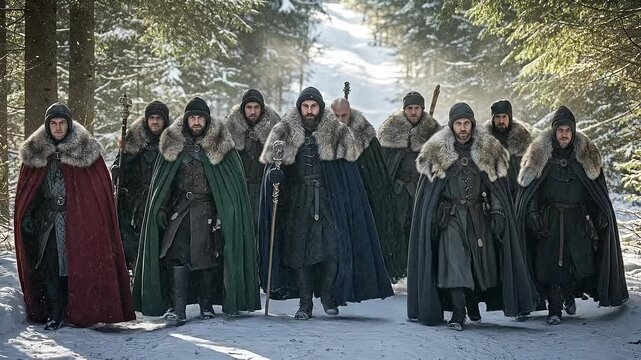 Group of men in medieval winter attire walking through a snowy forest