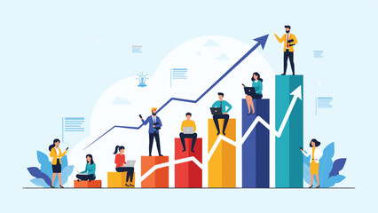 Obraz premium Team of diverse business people working together on a rising colorful bar chart with an upward arrow symbolizing corporate growth and success.