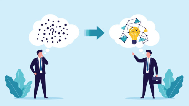 Illustration of two businessmen showing the process of transforming confusion and random dots into a structured network with a bright idea bulb.