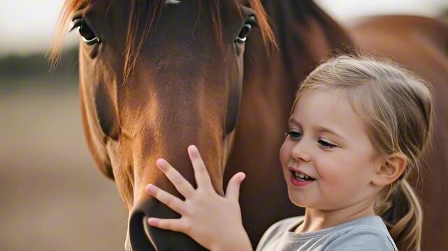 A little girl hugging a horse and closing her eyes in a tender moment, animal connection, love for nature, peaceful interaction.