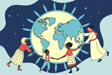 Naklejka premium Diverse people holding hands in a harmonious circle around a large world globe, symbolizing global unity, peace, and community in a charming vector graphic illustration.