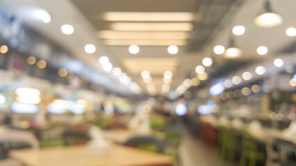 Naklejka premium Blurred background shopping mall light bokeh business event in retail store. Blurry abstract background of store grocery. Blur Convention hall center audience present display goods products on shelf.