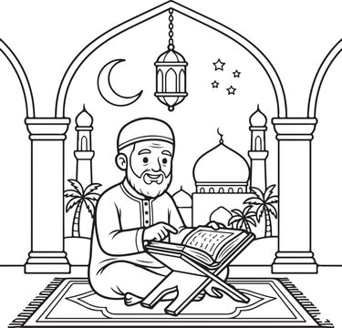 Ramadan Kareem Black and White Islamic Scholar Reading Quran in Mosque Line Art Illustration