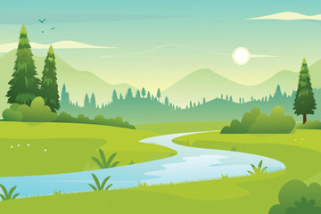 Obraz premium Winding River Through Green Hills and Trees Bright Sun Blue Sky Birds Flying